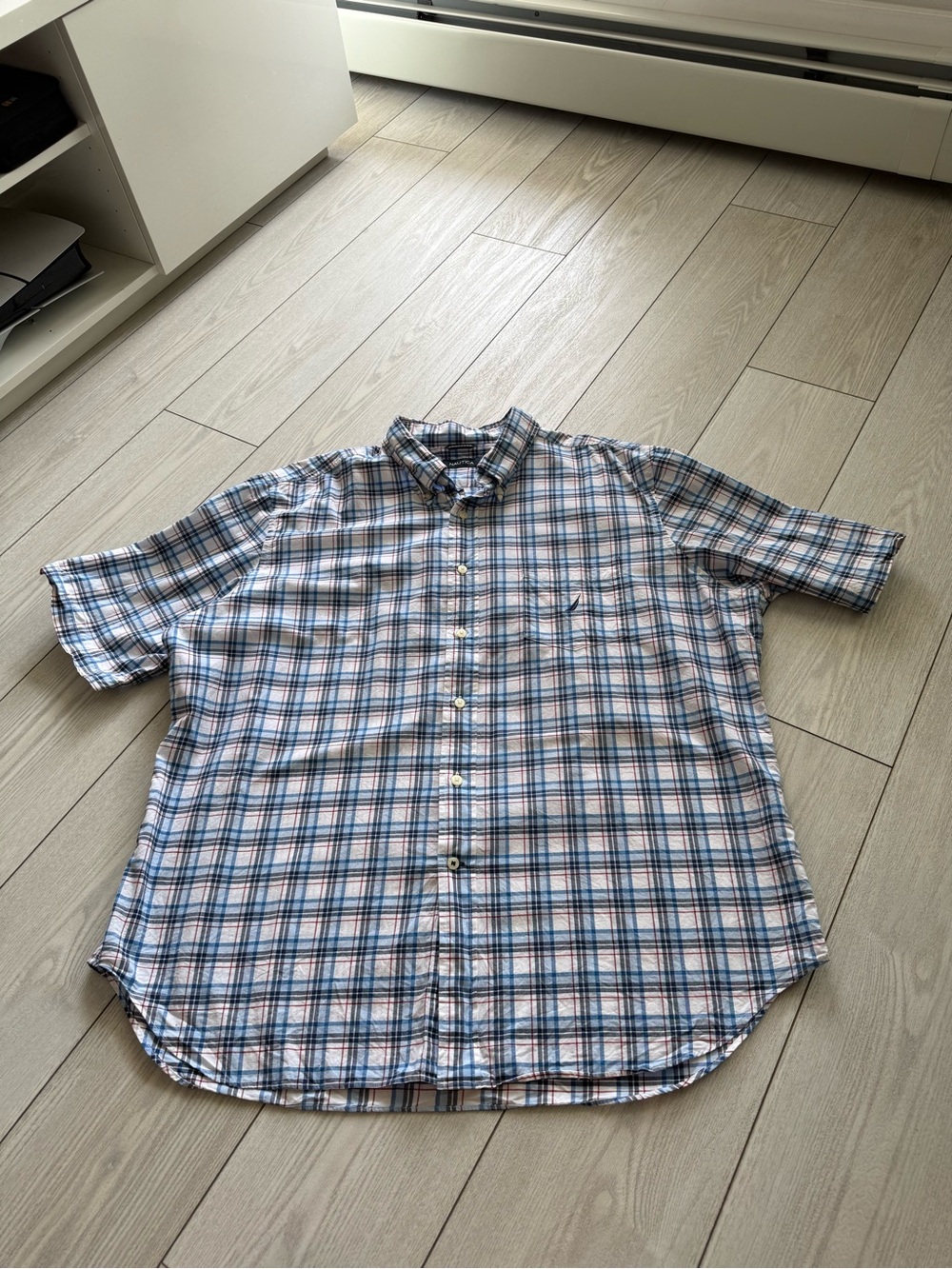 Nautica XXL mens button up short sleeve tee plaid 100% cotton red blue white